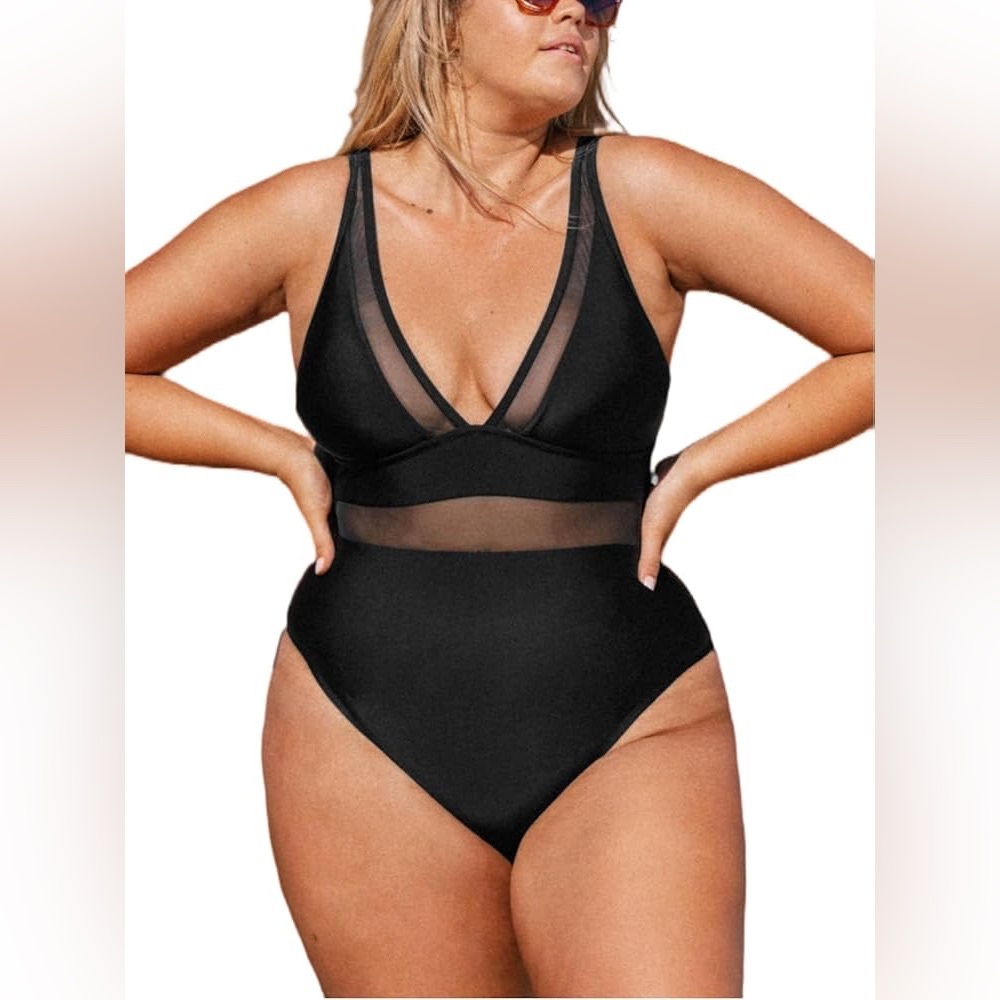 CUPSHE Black Plunging V-Neck Mesh Detailing One Piece Swimsuit - Size 1X